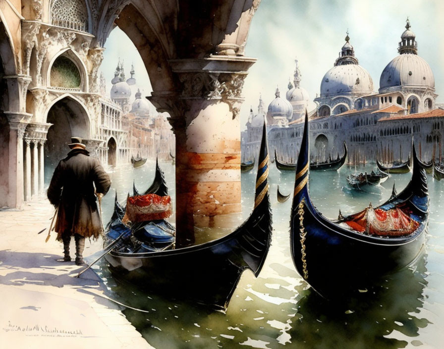 Venetian scene painting with gondolas, columns, and domed buildings