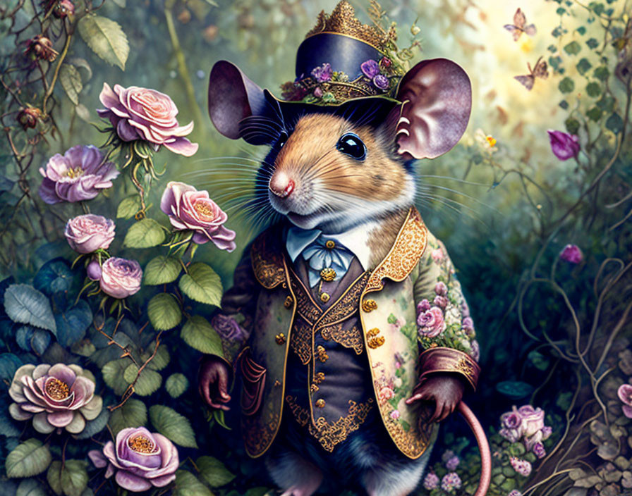 Anthropomorphic mouse in floral attire surrounded by roses and butterflies