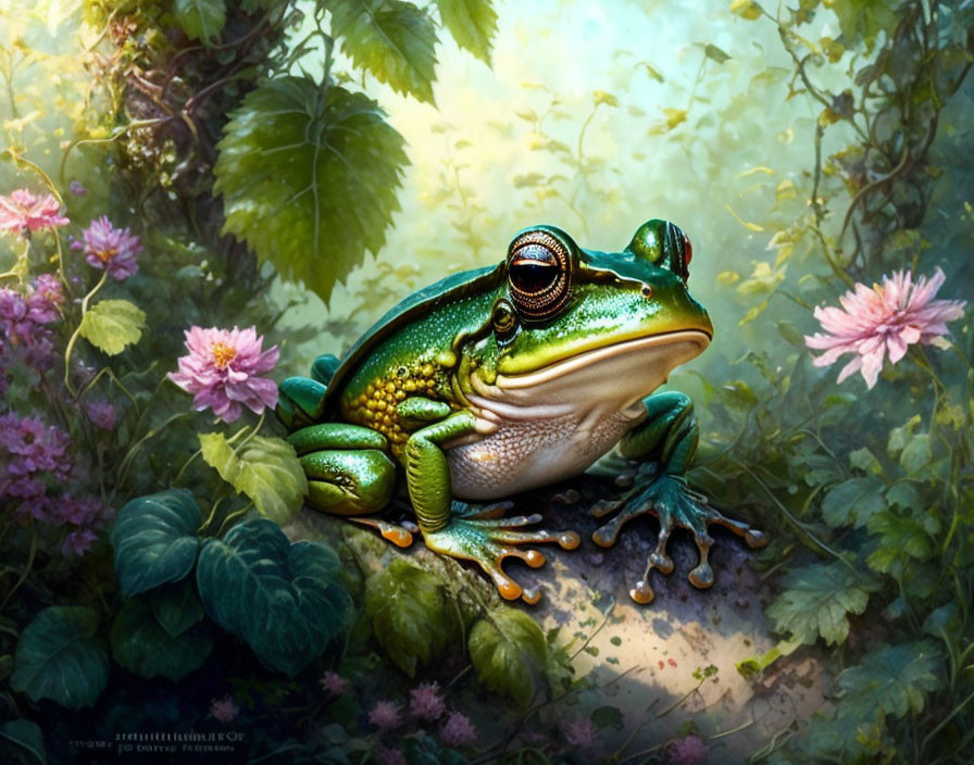 Detailed Illustration of Green Frog in Mystical Forest