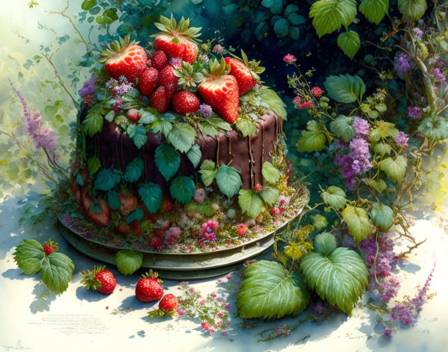 Decadent Chocolate Cake with Strawberries and Mint on Greenery