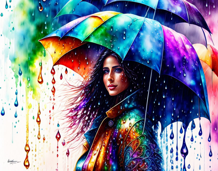 Colorful painting of a woman with umbrella blending realism and fantasy