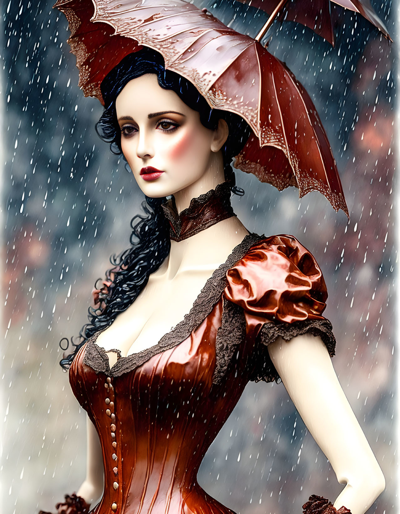 Porcelain-skinned woman in Victorian attire with umbrella