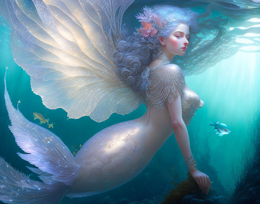 Ethereal mermaid with intricate wings and tail in underwater scene