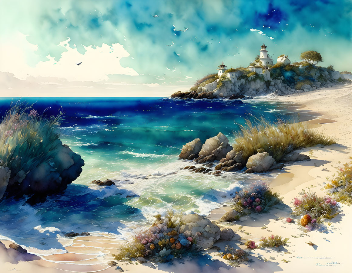 Tranquil beach scene with lighthouse, cliff, greenery, birds, stars, blue sky