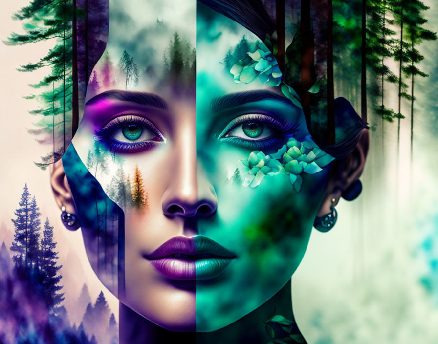 Woman's face blended with vibrant nature elements in mystical color palette