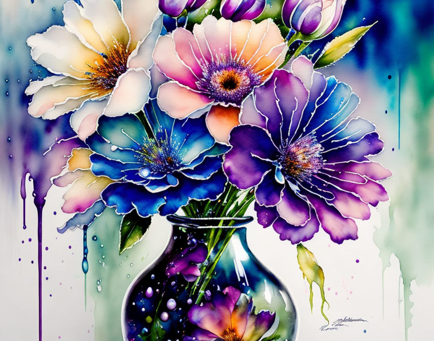 Colorful Watercolor Painting of Flowers in Glass Vase