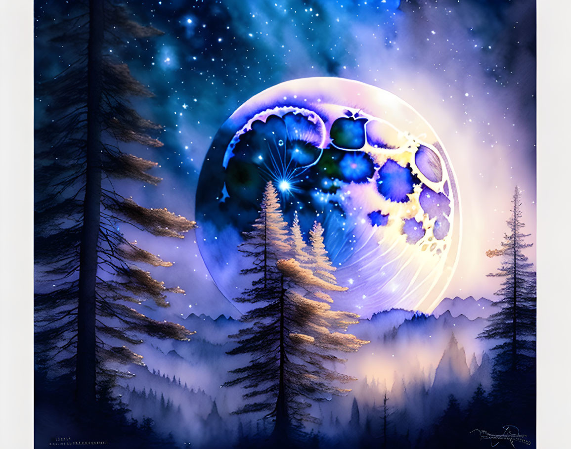 Surreal nightscape with glowing moon, stars, pine trees, and misty mountains