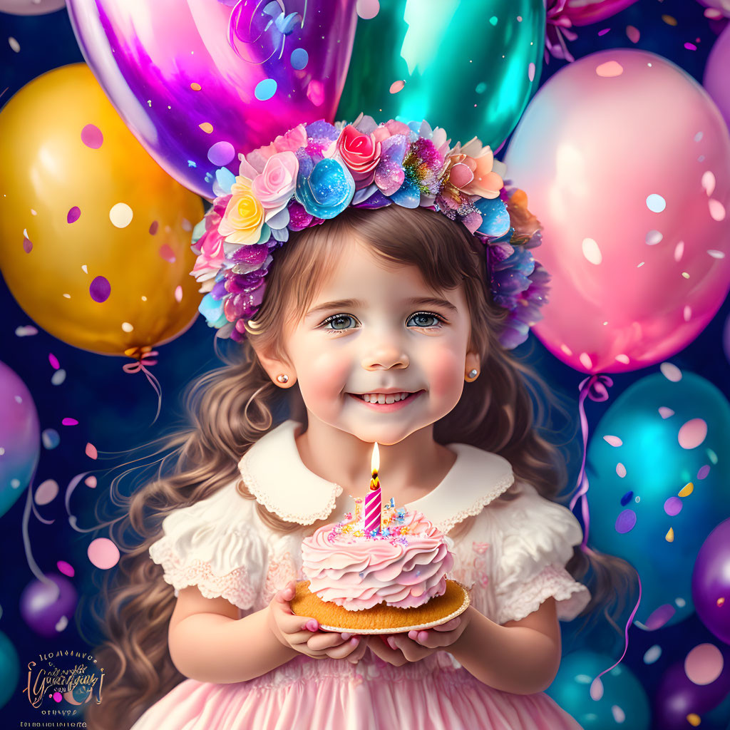 Young girl with floral headband holding birthday cupcake with lit candle and colorful balloons.