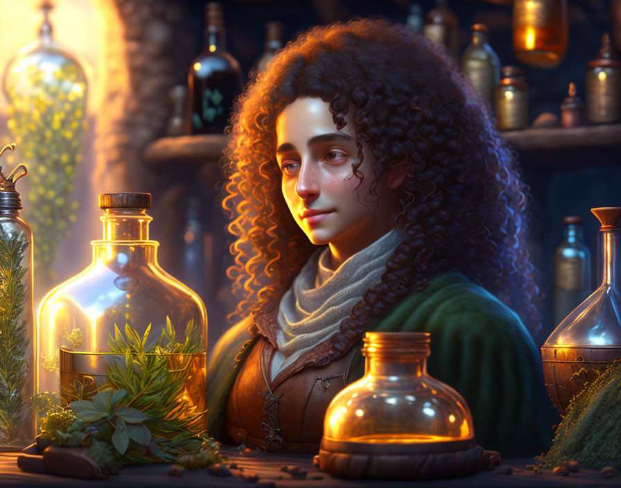 Curly-Haired Woman Among Plant-Filled Glass Bottles in Dimly-Lit Rustic Scene