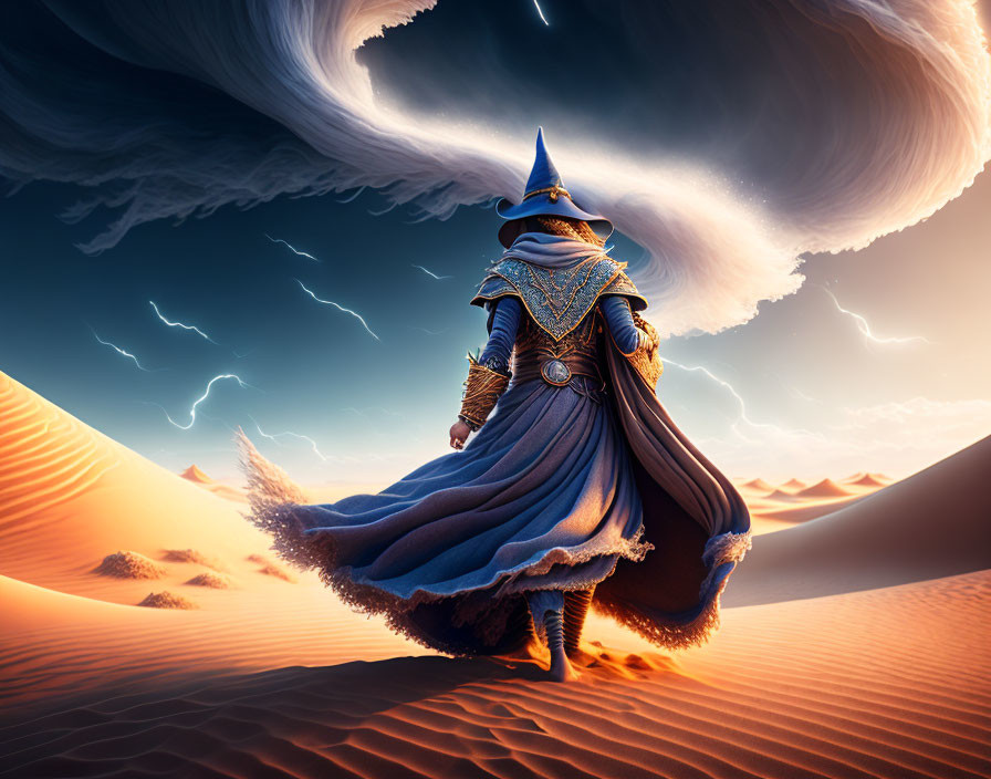 Mystical figure in wizard's hat and cloak in desert landscape with dramatic sky.