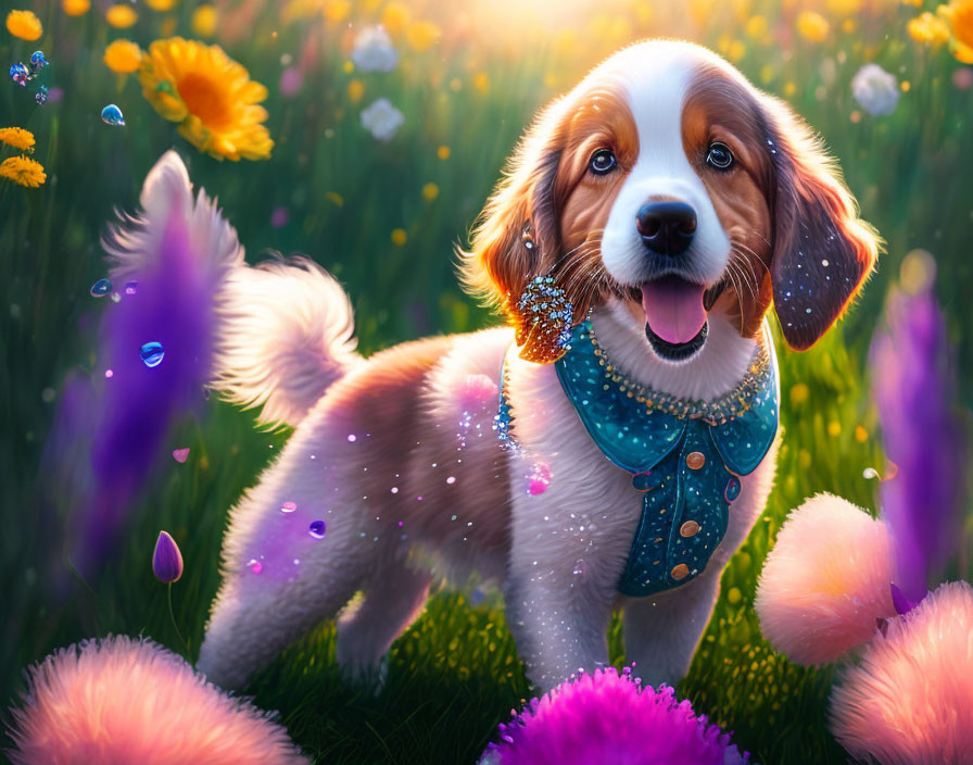 Joyful dog in blue collar surrounded by vibrant meadow with flowers and pink fluffs