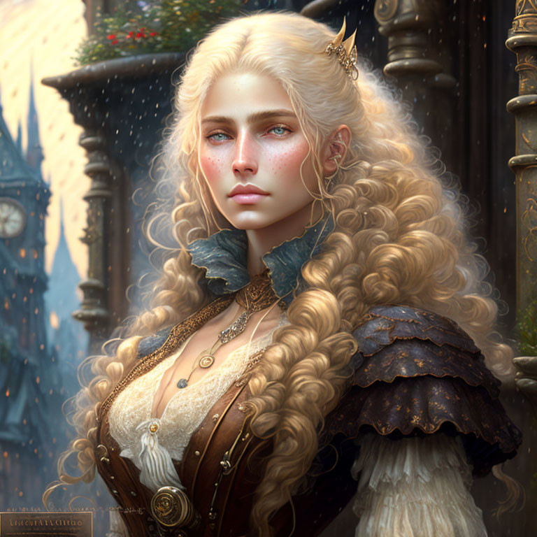 Ethereal woman with blond hair in renaissance attire against old town backdrop