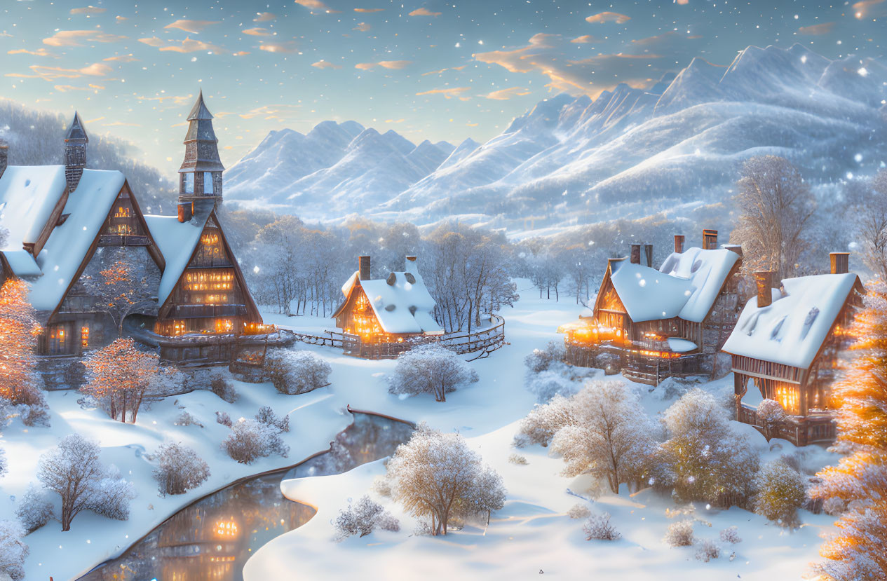 Snow-covered village with church, mountains, and stream