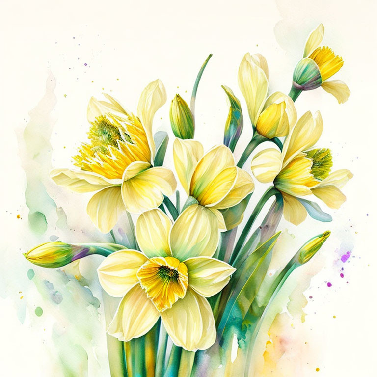 Colorful Watercolor Painting of Yellow Daffodils on Soft Background