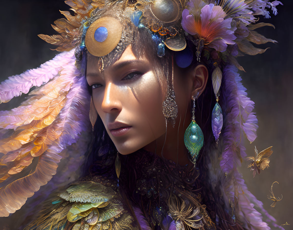 Elaborate Feather and Jewel Adornments on Mystical Figure