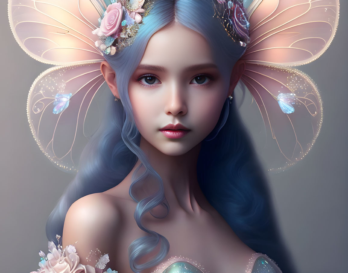 Blue-haired fairy with iridescent wings and flowers - Digital illustration