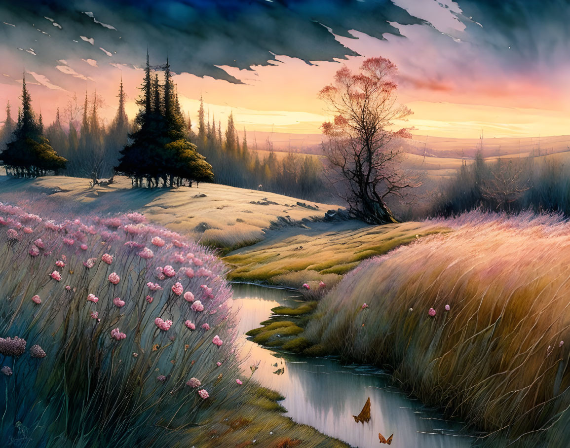 Tranquil sunrise landscape with stream, wildflowers, and golden grasses