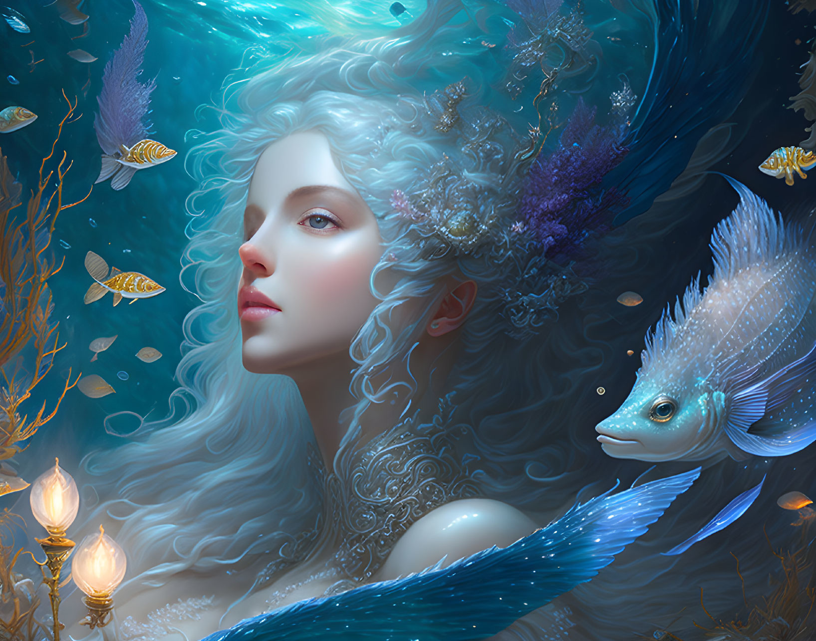 Ethereal woman with blue hair underwater among colorful fishes and glowing lanterns