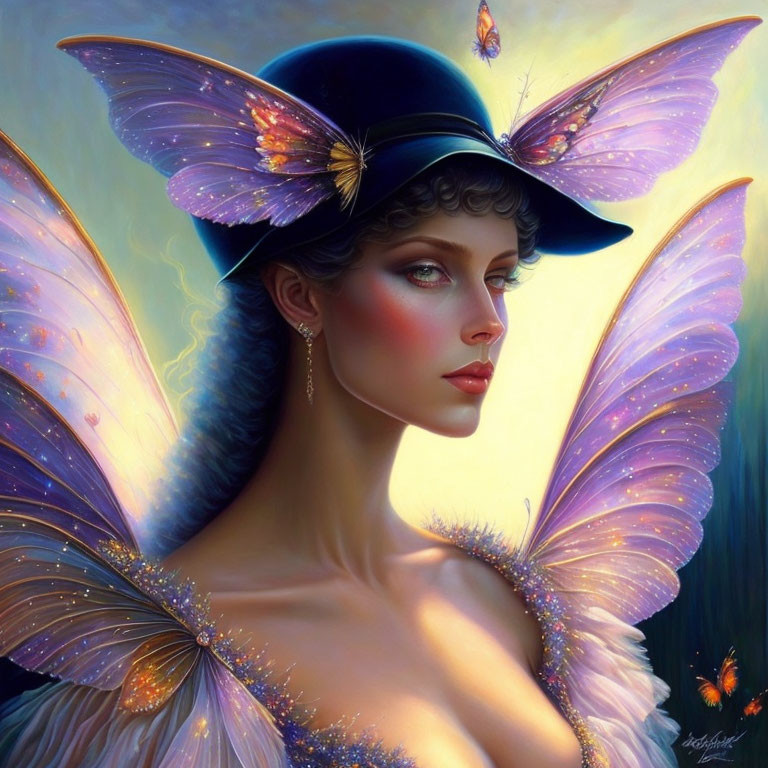 Illustrated portrait of woman with butterfly wings and blue hat in soft-lit setting