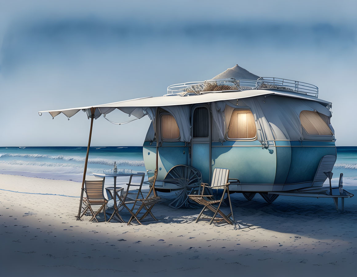 Illustrated camper van with rooftop tent on tranquil beachside