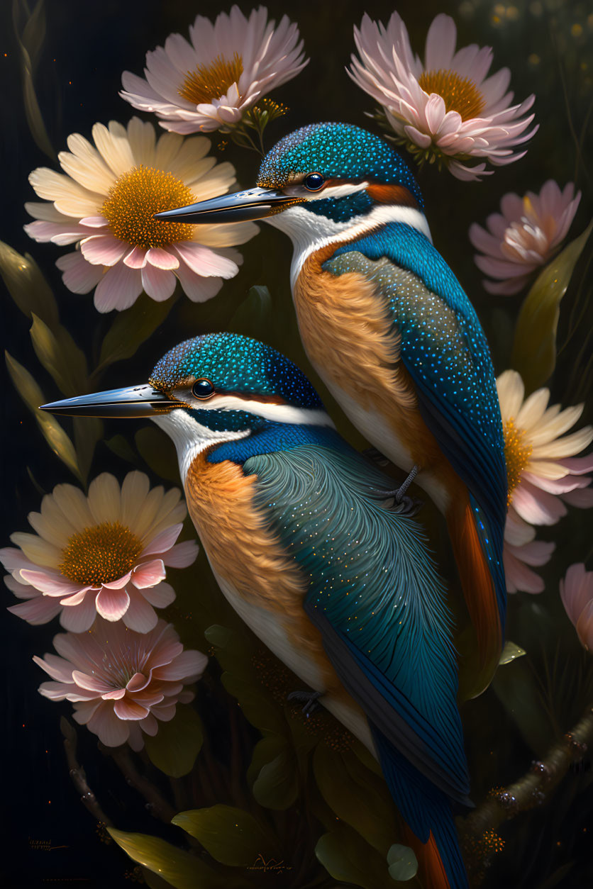 Colorful kingfishers in pink and white flower setting.