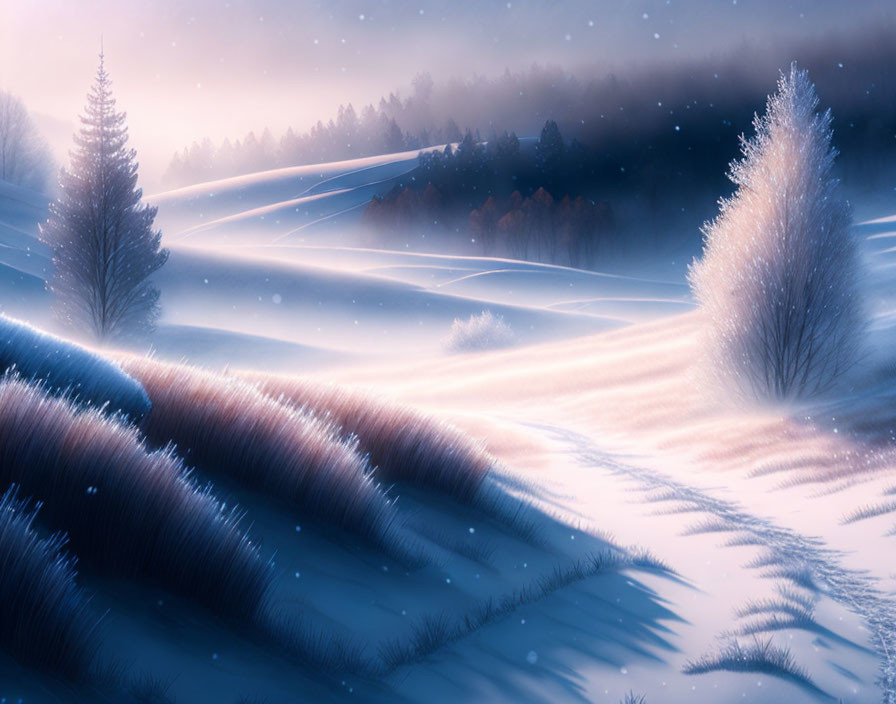 Snow-covered landscape at twilight: Frosty trees, snowy hills, bluish-purple glow.