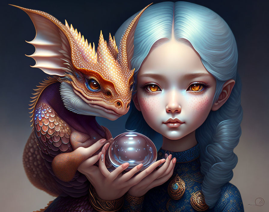 Fantasy illustration of girl with blue hair and orange dragon by crystal ball