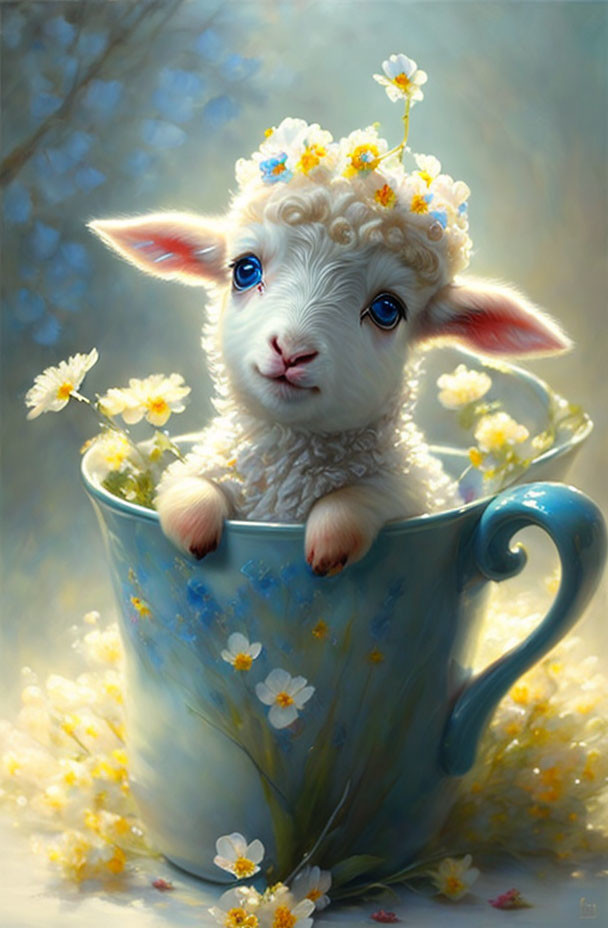 Illustration of cute lamb in cup with flowers and daisies