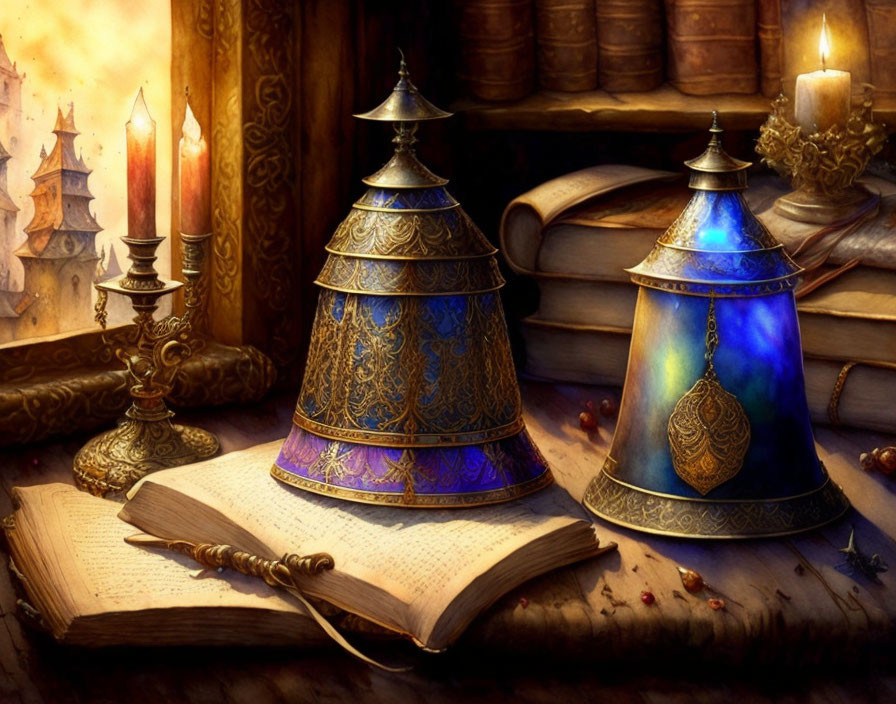 Medieval bells, book, quill, and candles in enchanting still life