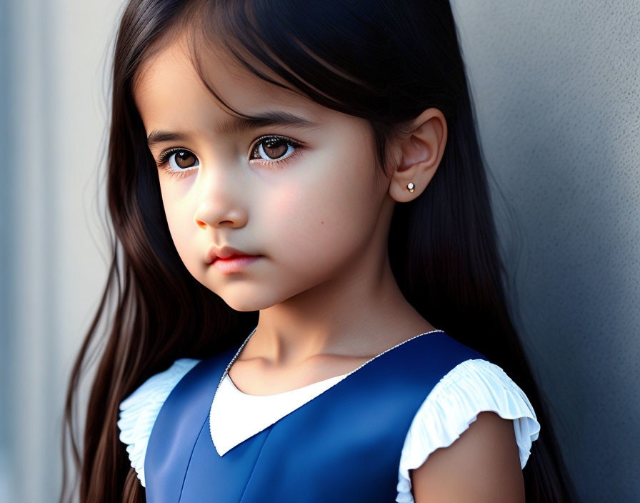 Young girl with long brown hair in blue dress with white trim, looking sad and thoughtful.