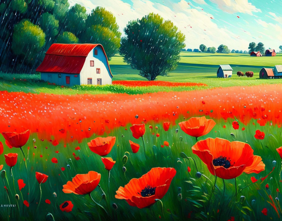 Colorful painting of red-roofed barn in green fields with red poppies and blue sky.