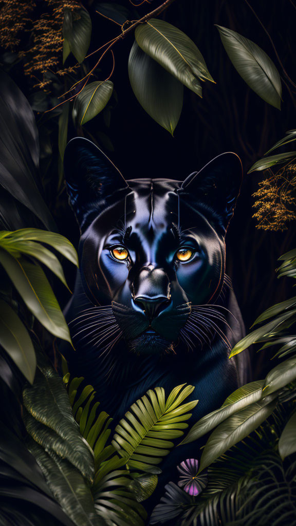 Black Panther with Luminous Eyes Peering Through Dark Green Foliage