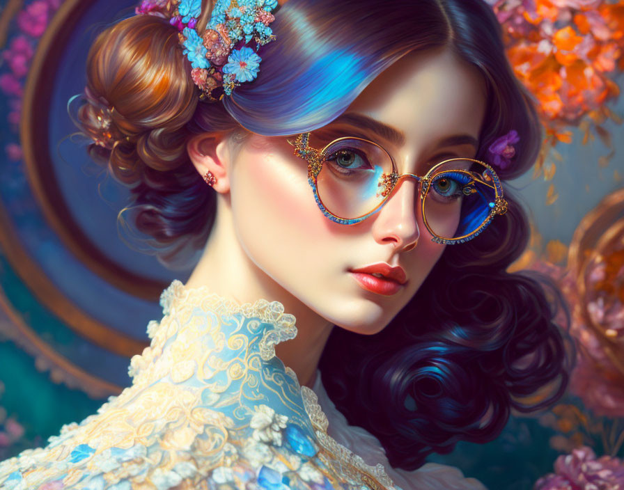 Colorful portrait of a woman with intricate glasses and floral hair adornments