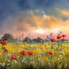 Sunset wildflower field with red poppies and colorful sky