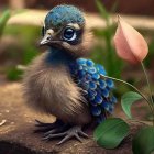 Colorful Fantastical Bird Illustration with Blooming Flower