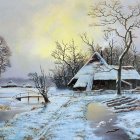 Snow-covered cottages by river in winter twilight