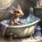 Young dragon bathes with blue mouse in elegant bathroom scene