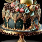 Ornate cake with gold designs, flowers, birds, on dark background