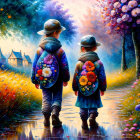 Children with floral backpacks walking on scenic path among vibrant flowers and trees.