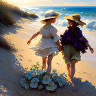 Vintage-dressed girls stroll on sunny beach with blooming flowers