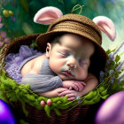 Baby sleeping in Easter-themed basket with bunny ears and colorful eggs, set in floral backdrop