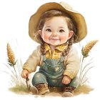 Young girl with blonde hair and blue eyes in straw hat sitting in wheat field