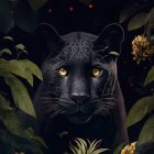 Black Panther with Luminous Eyes Peering Through Dark Green Foliage