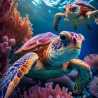 Sea Turtles Swimming Near Coral Reefs in Clear Blue Ocean