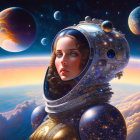 Digital Artwork: Woman in Elaborate Astronaut Helmet with Cosmic Planets & Stars