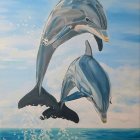 Three dolphins leaping under blue sky with scattered birds.