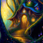 Enchanted treehouse with golden doors, lanterns, and spiral staircase in mystical forest