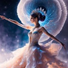 Ethereal figure in ornate dress with halo collar amidst clouds and stars