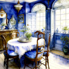 Vintage Blue Room with Table Set for Two and Antique Furnishings