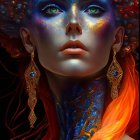 Vibrant orange hair, blue skin, gold cosmic makeup portrait